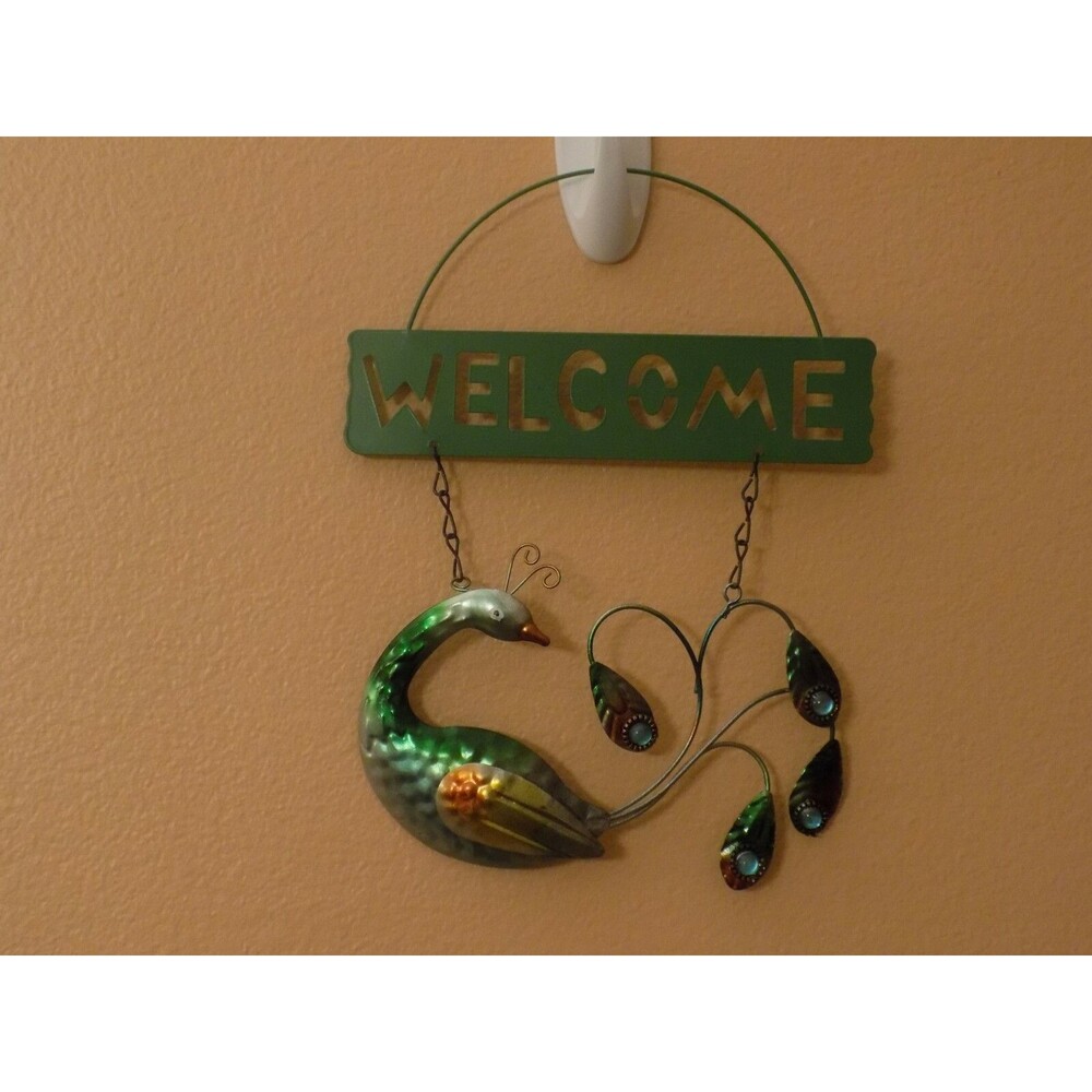 Painted Metal Peacock Bird Welcome Sign Wall Hanging Decor